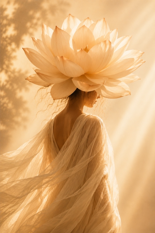 Woman draped in soft fabric with a lotus blooming above her